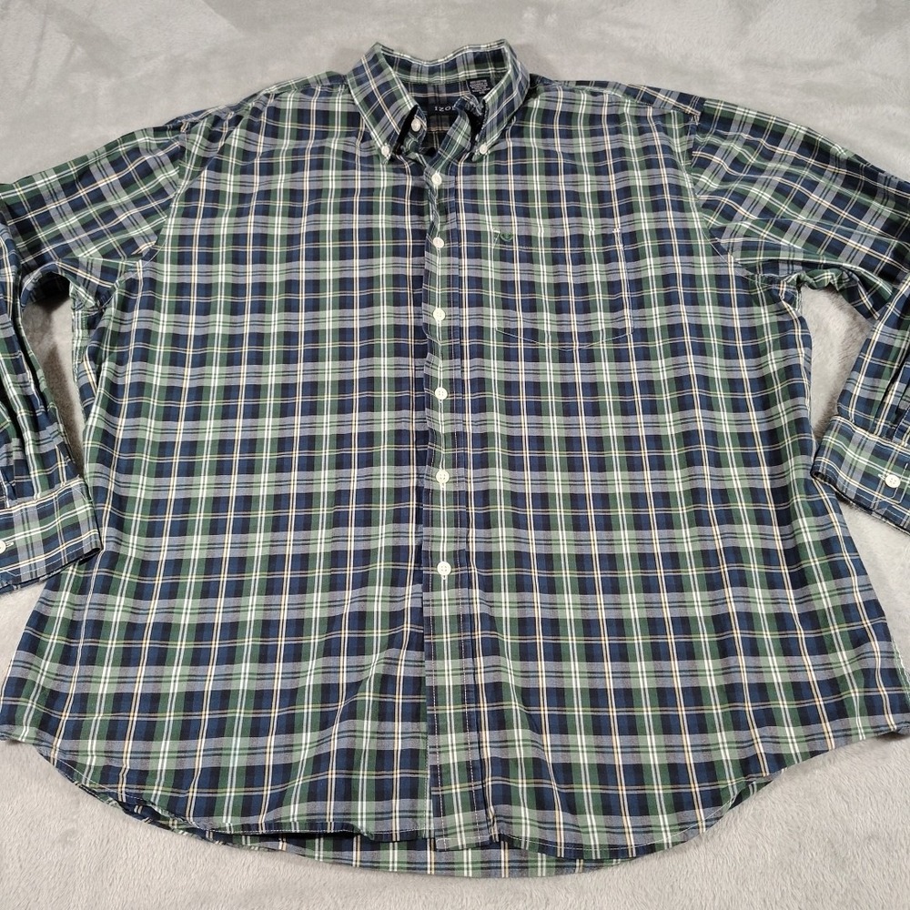 Izod Shirt Men XXL Blue/Green Plaid Long Sleeve Office Nerd Preppy College Dad